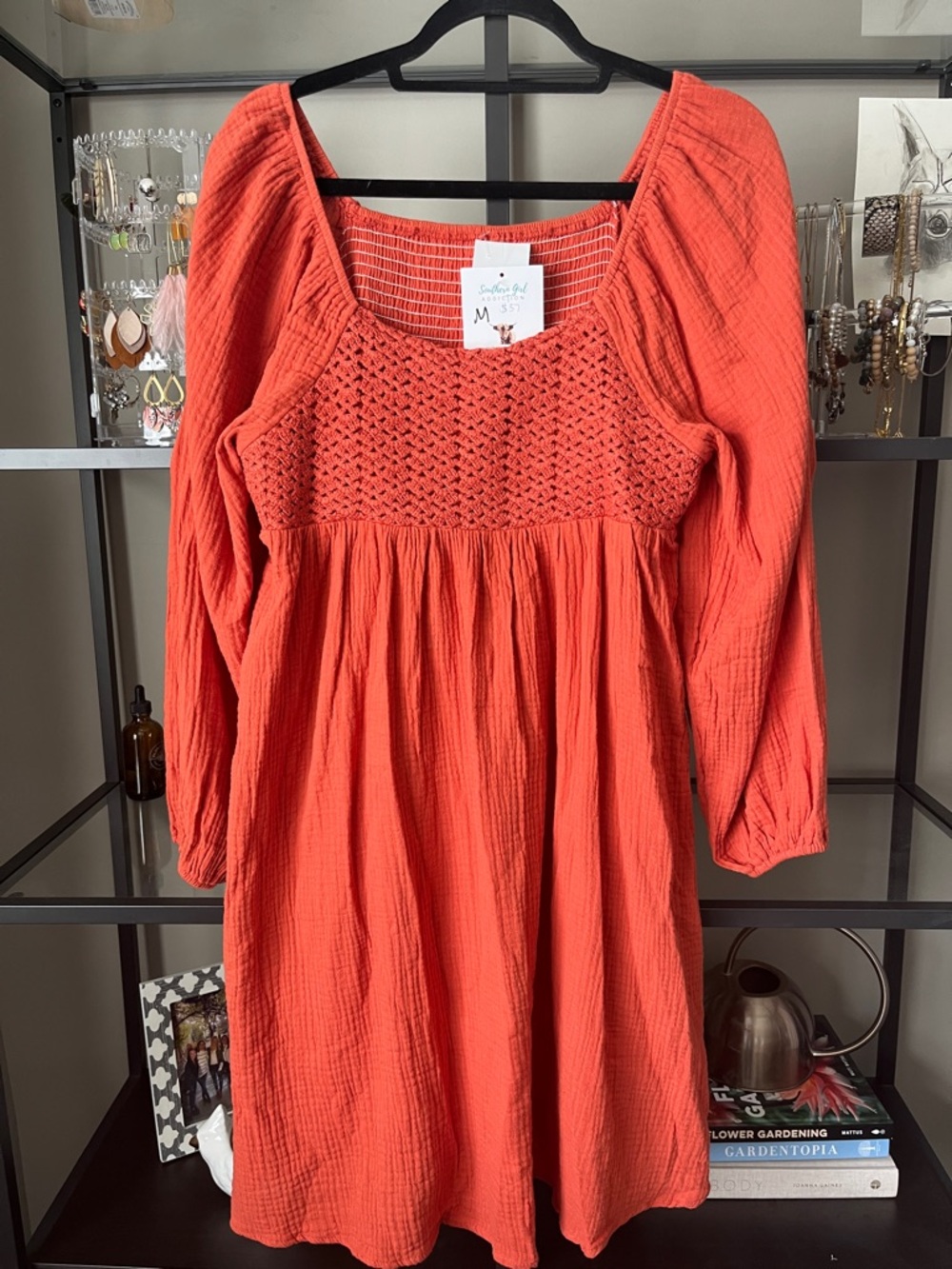 Source Unknown Red Orange Mini Dress - Smocked Yoke, Long Sleeves
